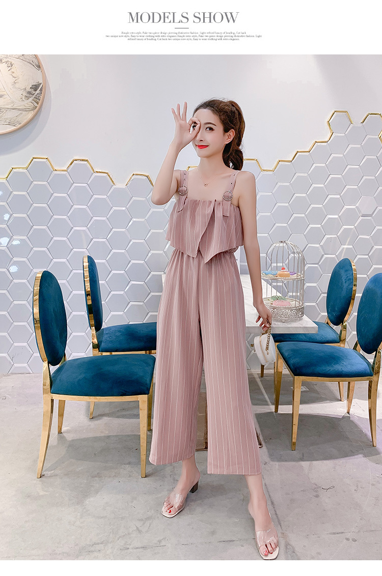 VK旗艦店 韓系時尚露肩條紋寬口褲連身褲套裝無袖褲裝