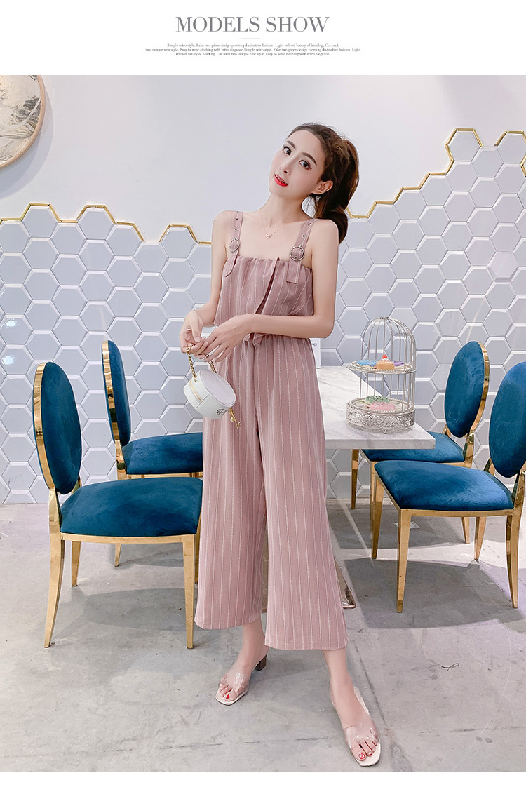 VK旗艦店 韓系時尚露肩條紋寬口褲連身褲套裝無袖褲裝