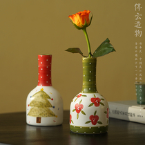 Jingdezhen hand-painted ceramic small vase retro flower arrangement home living room decoration festive wedding decorations