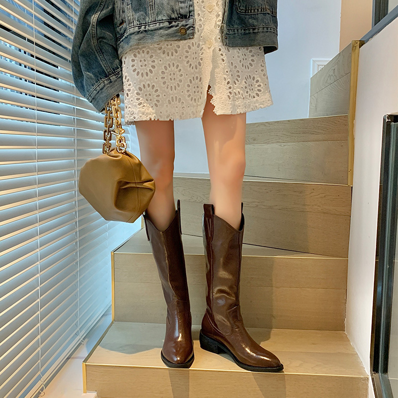 Yuan Circle Western Cowboy Boots White and American V word opening riding boots Martin boots retro coarse heel cylinder boot female