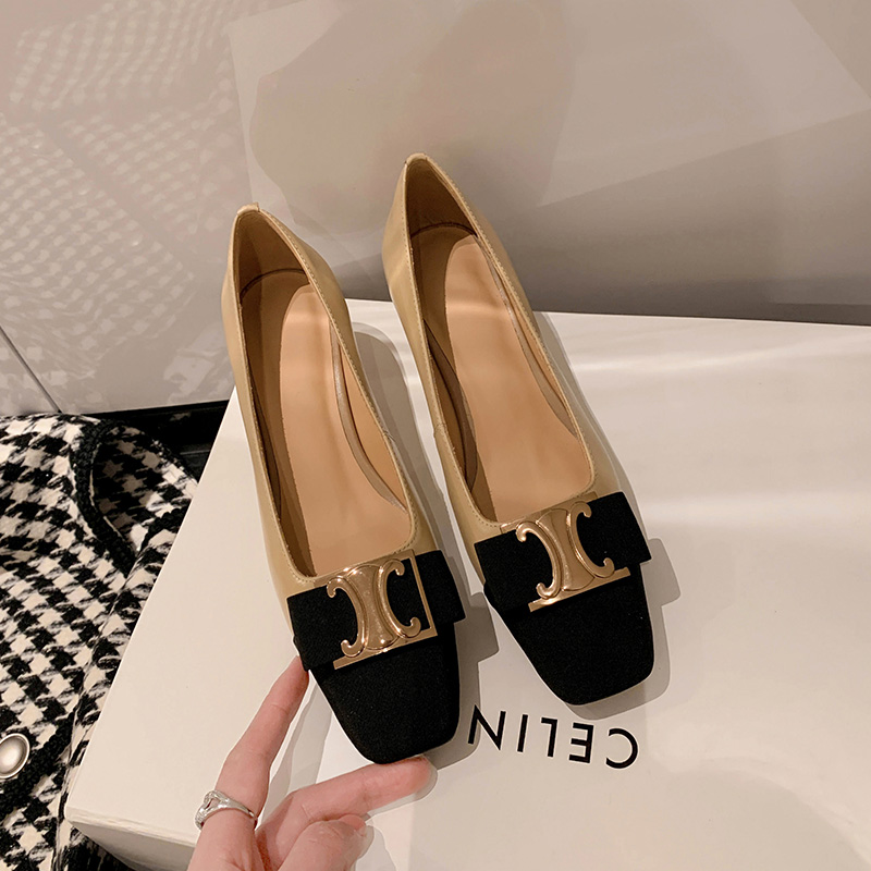 Yuan lap ring Cairome door gold buckle square head shallow mouth female single shoe style retro 100 hitch genuine leather coarse heel collage high heel shoes