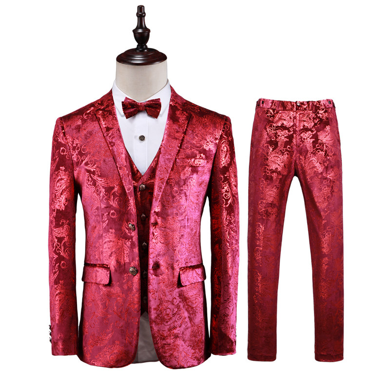 Autumn and winter gold red men's slim British bright suit three-piece large size host singer performance dress trendy