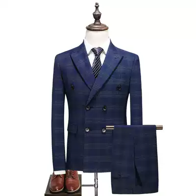 Blue double-breasted plaid suit three-piece trend host no ironing suit suit suit set wedding big size British men