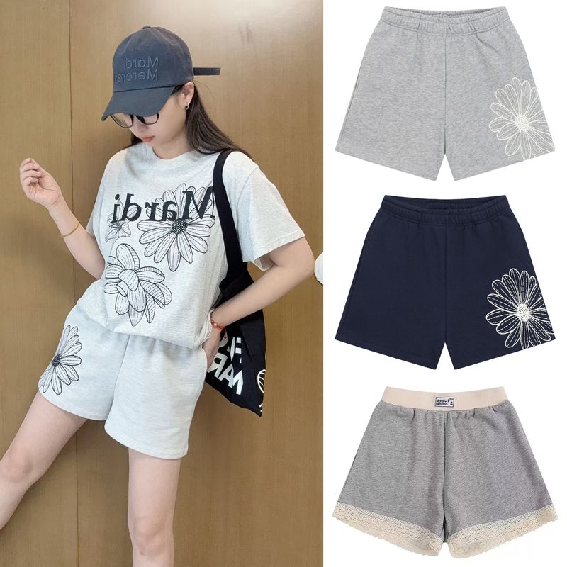 Official Website Mardi Shorts with Daisy Print and Lace Trim, Five-Point Shorts, Summer Casual Beach Shorts for Women
