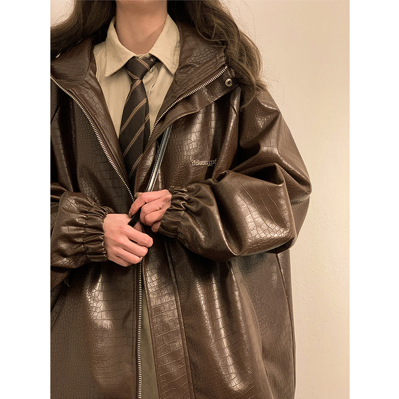 Brown Melard Leather Jacket for Men, Spring and Autumn Vintage Trendy Brand, Cool Couple Outfit, Hooded Pu Leather Jacket