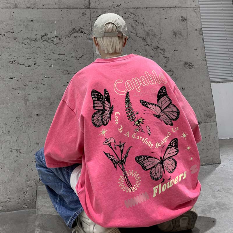 Dopamine Butterfly Short-Sleeve T-Shirt for Men, Summer American Retro Heavy Washed Vintage European and American Trendy Streetwear Top