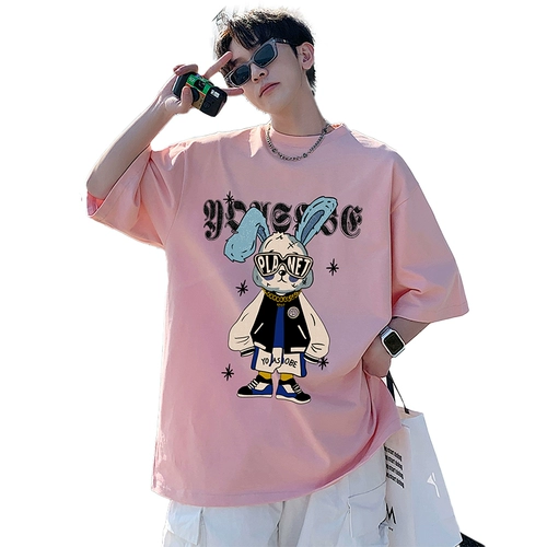 Кролик, красная трендовая ретро футболка с коротким рукавом, в американском стиле, большой размер, короткий рукав