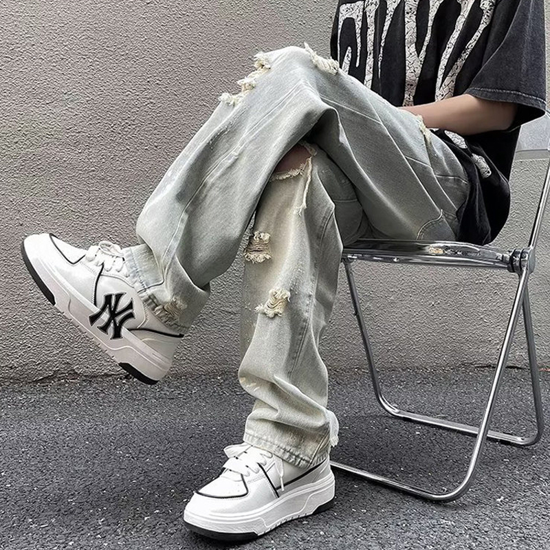 European and American High Street Vibe Ripped Jeans for Men, Summer Trendy Brand Frayed Washed American Style Cool and High-End Pants