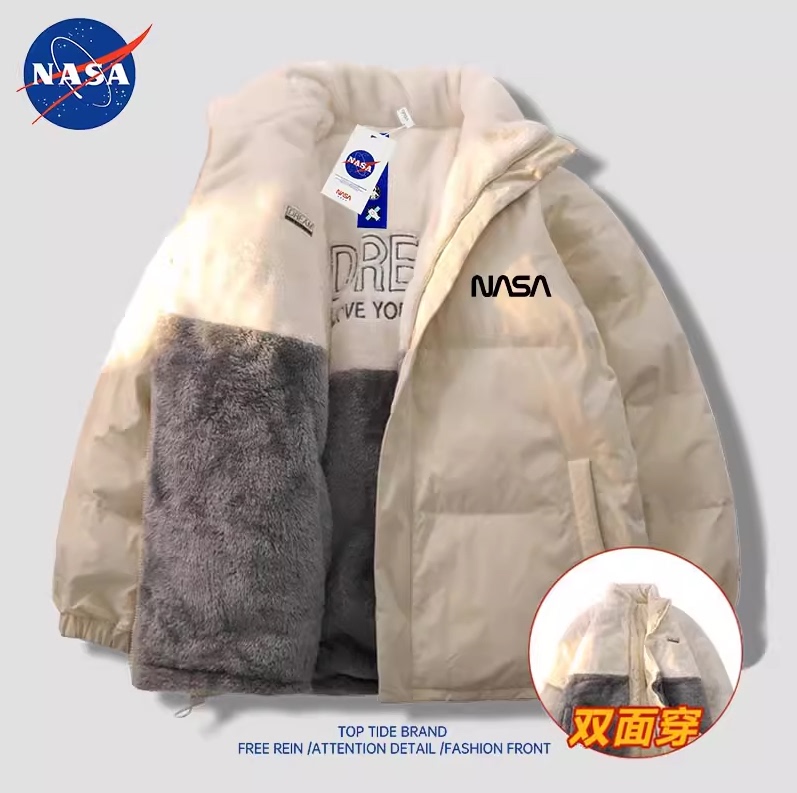 Nasa Co-Branded Winter Stand-Up Collar Reversible down Cotton Jacket for Men, Plush Loose Top, Trendy Couple's Warm Coat