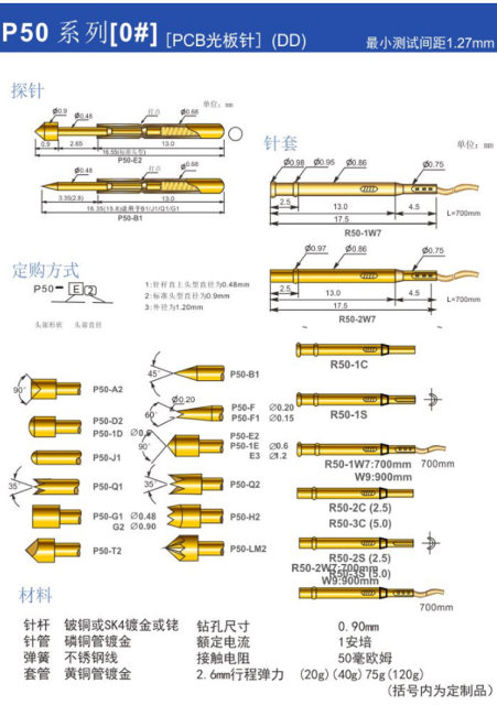 Huarong probe PCB spring thimble ICT test probe burner test needle / needle sleeve P50 series