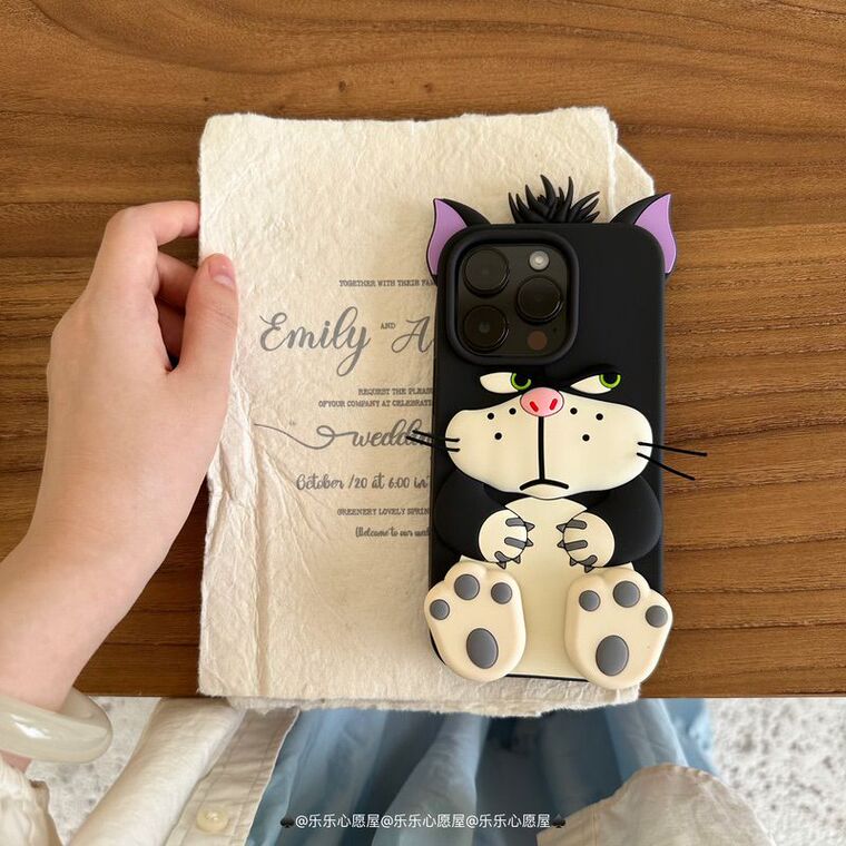 Cute Black Cat Cartoon Design Green Eyes Pink Nose iPhone Case