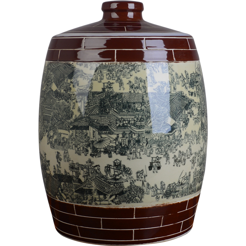 Jingdezhen ceramic barrel of flour bucket home 50 kg 100 meters storage box with cover qingming scroll sealed as cans