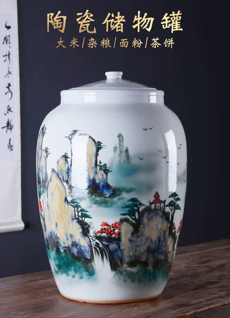 Jingdezhen hand - made ceramic barrel 50 pounds with cover 25 kg pack flour barrels of household kitchen old storage sealed as cans