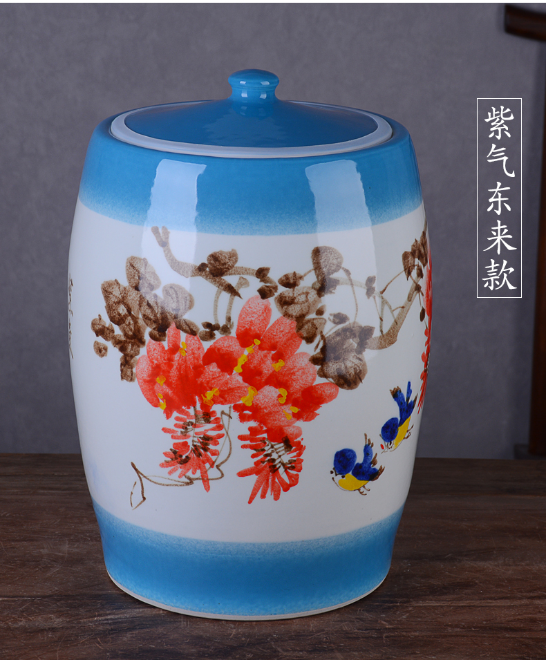 Jingdezhen hand - made ceramic barrel with cover 50 install archaize wind household 25 kg sealed old flour barrels in the kitchen