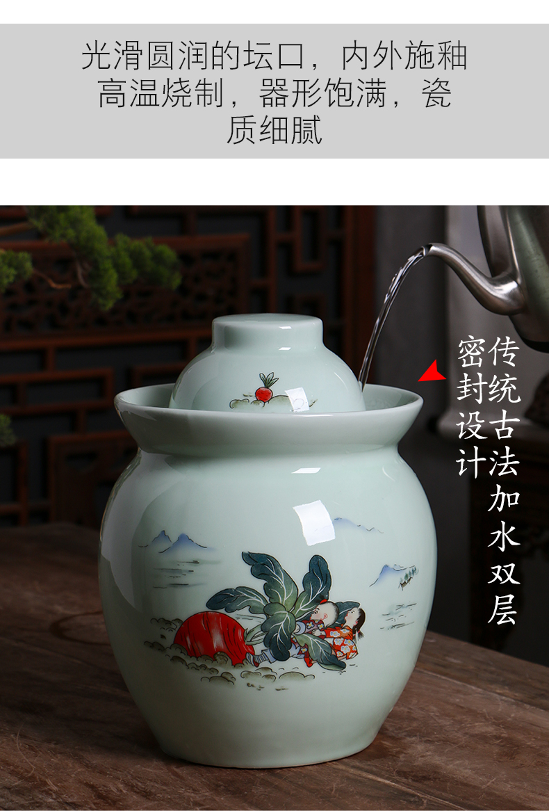 Jingdezhen ceramic household pickle jar thickening old pickles preserved salted duck dense eggs cylinder double cover seal storage tank