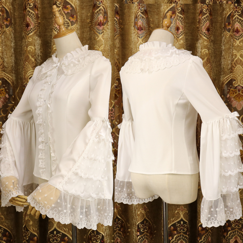 Original Lolita Retro Lace Puff Sleeve Soft Girl Shirt Japanese Versatile Slim Fit Thick Chiffon Long Sleeve Shirt