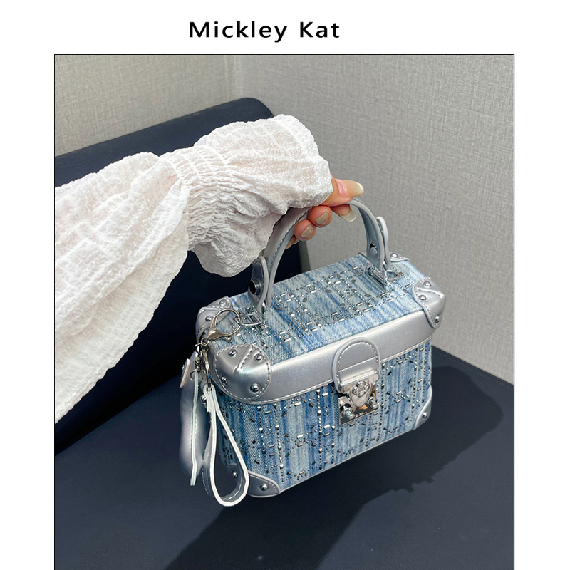 Mickleykat High-End Denim Diamond-Encrusted Box Bag for Women 2026 New Style Single Shoulder Crossbody Small Square Bag Versatile