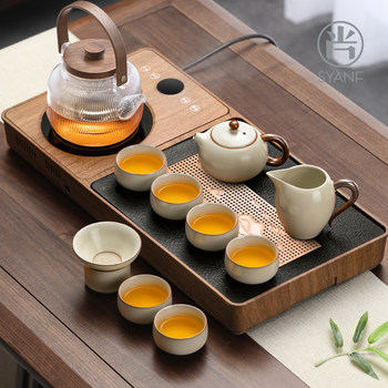 Tea Set for Home Use, Complete Set of Ru Ware, Light Luxury High-End Small Automatic Tea Tray and Tea Table with Integrated Kettle for the Living Room
