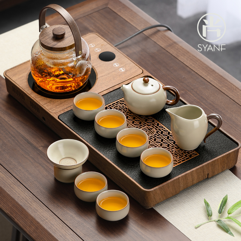 Thou Kiln Tea Set Tea Table Tea Table Complete set of home living room office Huaches wood Small fully automatic burning water integrated tea tray-Taobao