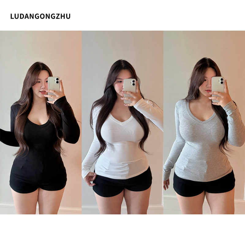 Princess Egg 2026 New Autumn Plus-Size White V-Neck Long-Sleeve T-Shirt Top for Women, Suitable as a Base Layer Princess Egg 2026 New Autumn Plus-Size White V-Neck Long-Sleeve T-Shirt Top for Women, Suitable as a Base Layer