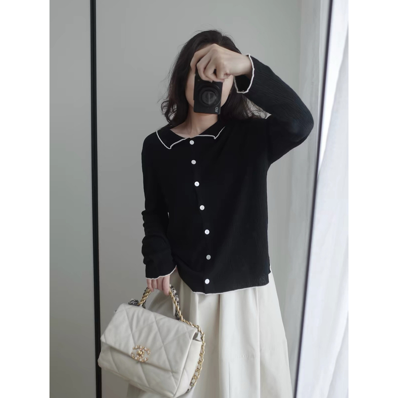 Chanel-Inspired Style~ Contrast Color Lines Accentuate! Women's Knitted Cardigan with Lapel in Wool Blend Fabric with Ribbed Texture