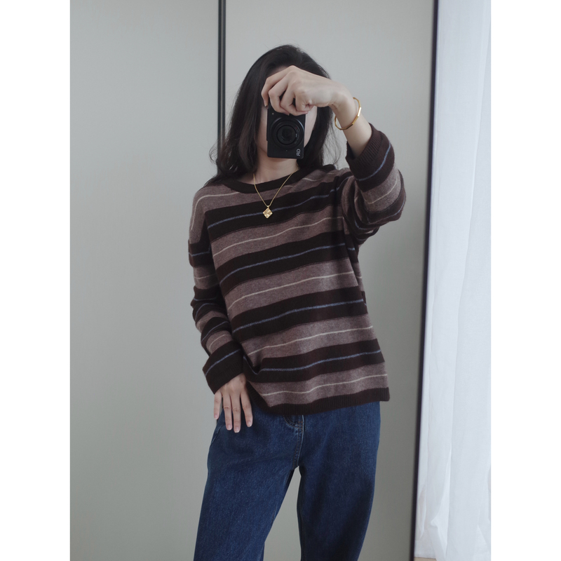 Mm~Same Style as Sun Qian! Trade Single-Thread Cashmere Blend Fabric with Striped Design, Coffee-Colored Striped Crew Neck Sweater for Women