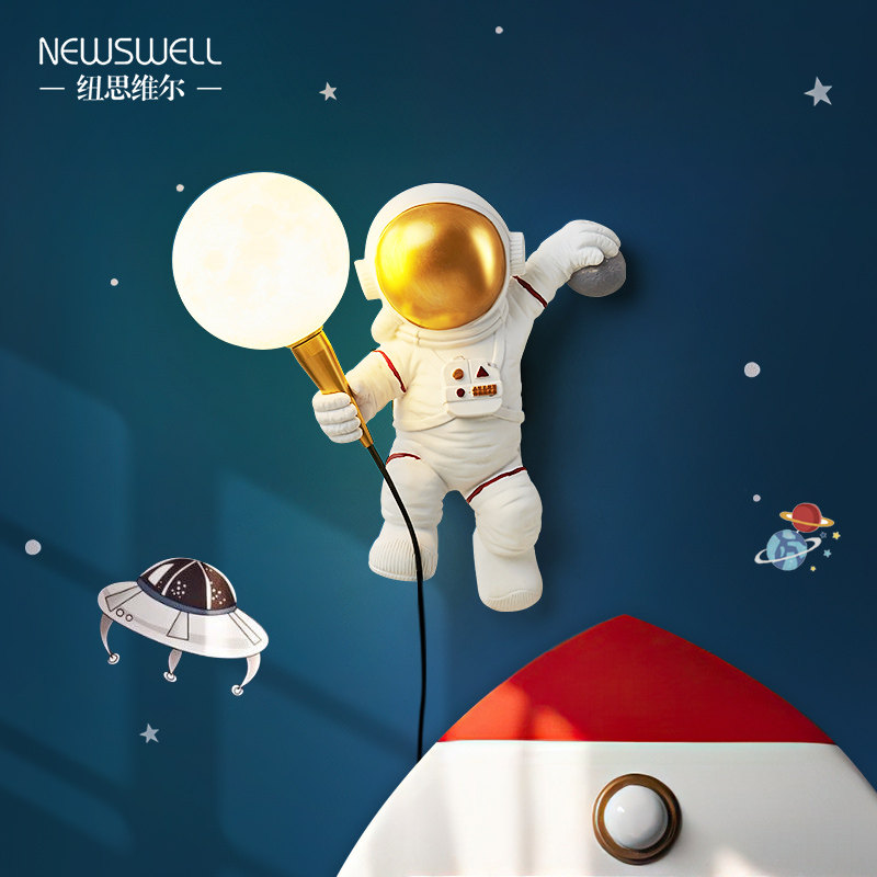 Children's Room Wall Light Boy Girl No Wiring Wall Light Creative Cartoon Astronaut Lunar Nordic Bedroom Bed headlights