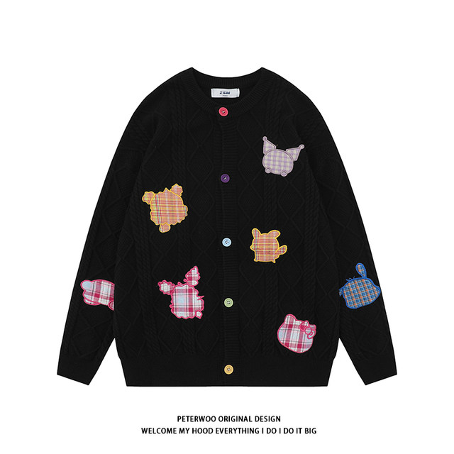 PeterWoo American retro ກາຕູນ patch embroidered ຄູ່ sweaters sweaters ວິທະຍາໄລຂອງຜູ້ຊາຍແລະແມ່ຍິງ sweater jackets ມ່ວນ