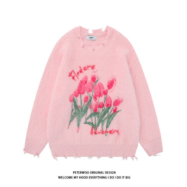 PeterWoo tulip lazy style American retro couple sweater men and women vintage sweater y2k jacket