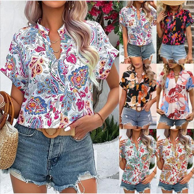 Amazon Cross-Border Foreign Trade Women's Clothing Summer New Fashion Floral Print V Neck Short-Sleeved Shirt Top Cardigan