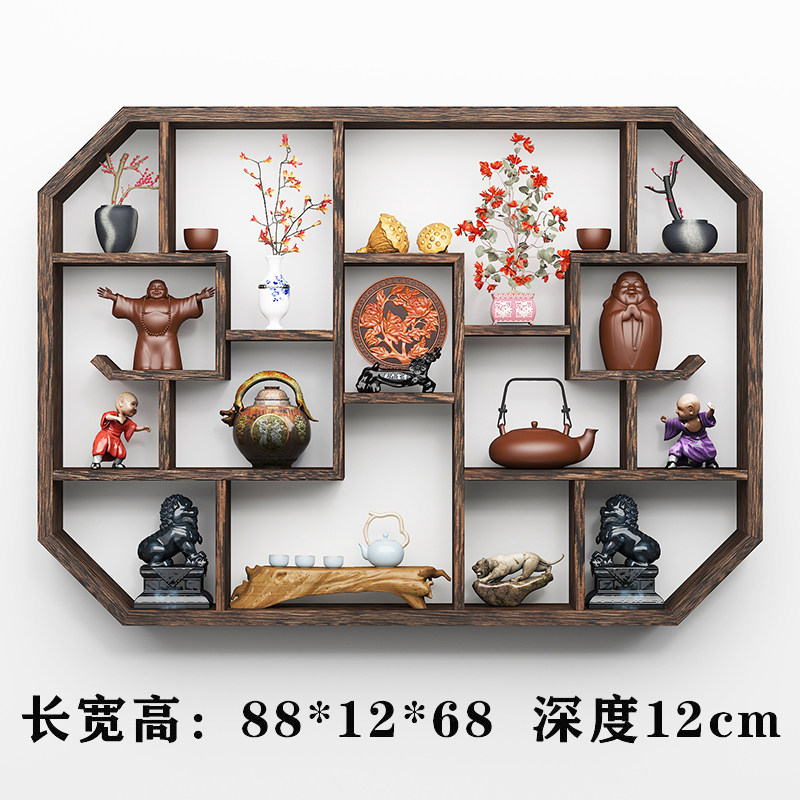 明万年来絡枝莲手絵長頸賞瓶模古磁器古玩博古架置物 实木中式博古架壁挂式展示架泡桐木多宝格简约现代置物架茶具展示博古架