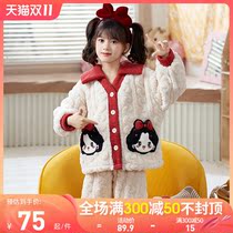 Girls pajamas autumn and winter thick coral fleece set childrens flannel little girl red big childrens loungewear