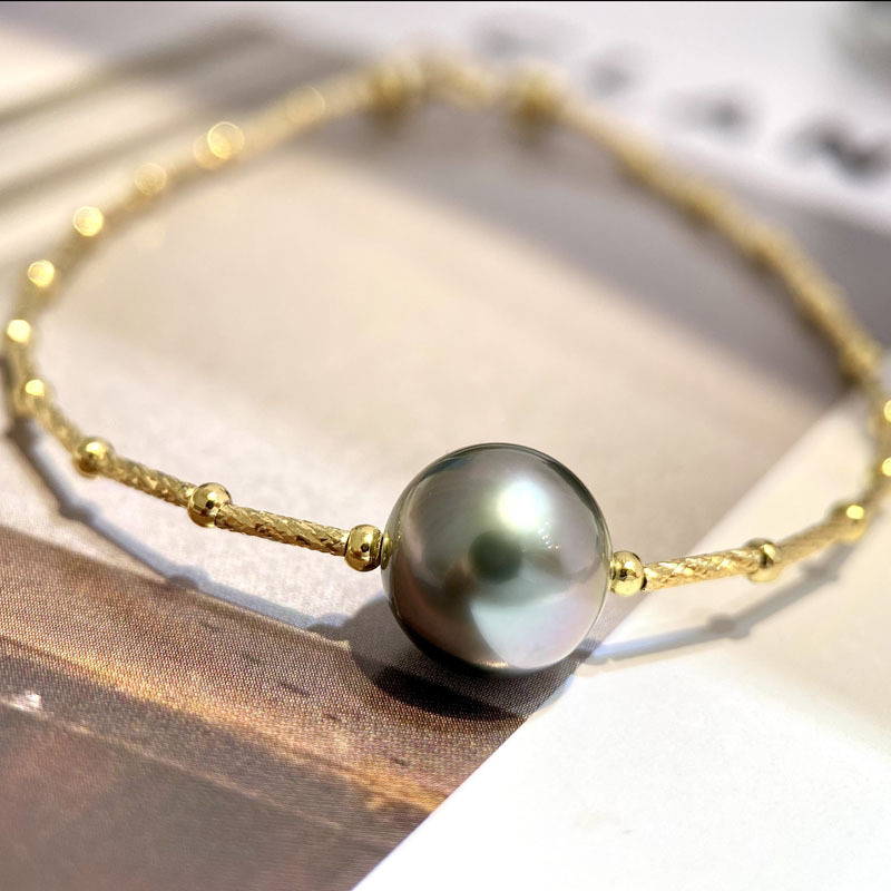 Tahitian Seawater Black Pearl Bracelet, South Sea Gold Pearl, Perfectly Round, Aurora, Minor Blemishes, Bracelet, Upgraded Length, Adjustable Tail Chain