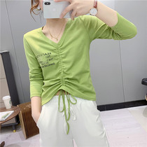 874V collar thin drawstring T-shirt spring and summer new womens Korean slim letter long-sleeved top women