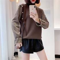 488 Korean version of semi-tall collar Plaid stitching sweater autumn and winter new womens Joker long sleeve sweater top