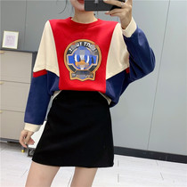 445 Korean version of round neck age-reducing cartoon print knitted jacket autumn and winter new womens long sleeve Joker splicing sweater