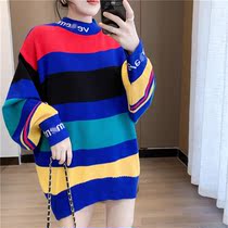 1672 Striped Knitted Sweater Womens Korean version Joker Half Turtleneck Pullover Letter Sweater Women