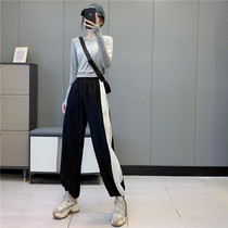 1567 Korean modal long sleeve top stitching elastic waist trousers knitted two-piece autumn new womens