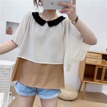 Clearance 735 two-piece chiffon shirt summer new womens college style doll collar pure and wild contrast shirt