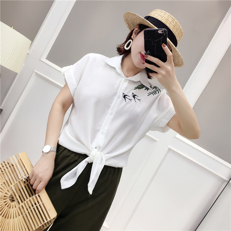 C-A15 nhỏ tươi thêu áo 2018 mùa hè mới của phụ nữ hem thắt nút lão hóa ngắn tay áo áo sơ mi công sở nữ