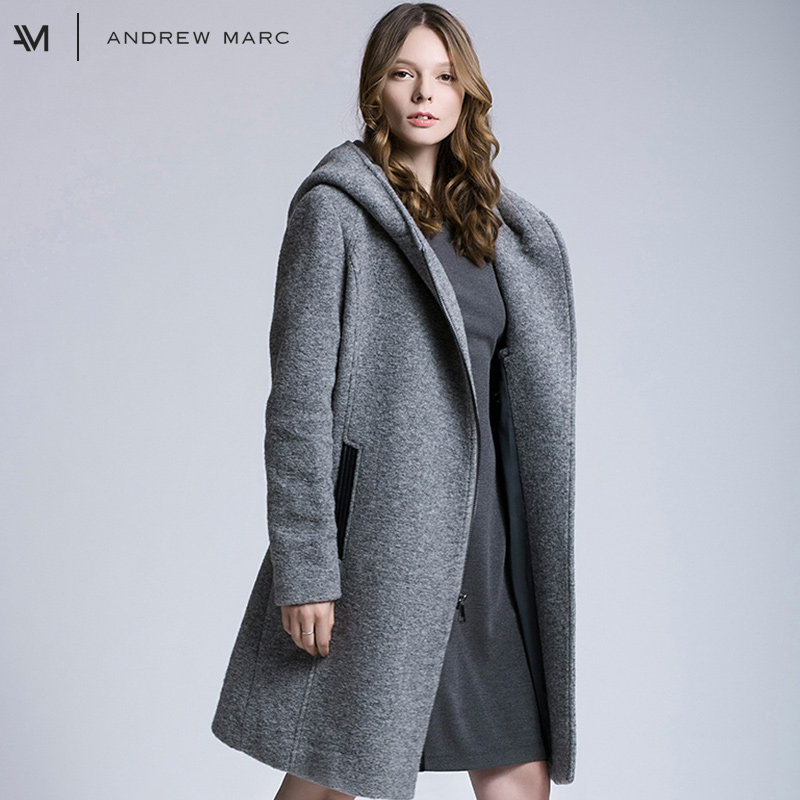Andrew Marc 安德鲁·马克 女式连帽修身中长款呢大衣 下单折后￥324.5包邮