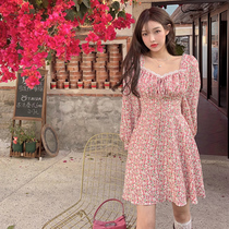 French lace side collar bubble sleeve Platycodon grandiflorum dress female summer vintage flower waist Super fairy thin A- line dress