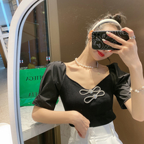 French clavicle square collar shoulder bow shirt female summer air air retro bubble sleeve stitching slim sweater