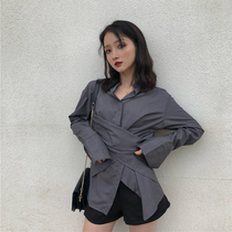 Design sense niche cross strap waist slim shirt female spring retro port flavor long slim slim shirt