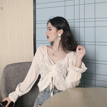 Very fairy chic top female design sense drawstring V collar short Super fairy chiffon shirt foreign atmosphere heart machine fold shirt