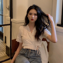 Japanese White Cross v-neck lace-up embroidered hollow short-sleeved T-shirt womens spring and summer slim short open top