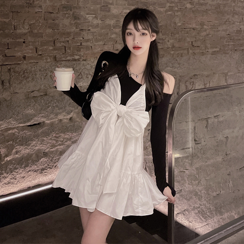 French sweet bow neck white dress suspender skirt slanted shoulder single shoulder black bottoming shirt pullover skirt