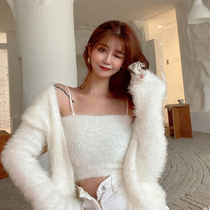 Gentle wind imitation mohair short knitted cardigan sweater jacket cardigan jacket set two-piece set