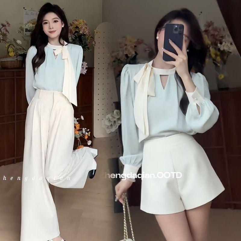Autumn Korean Style High-Waisted Slimming Wide-Leg Pants with a Commuter Style Satin Design and Ribbon Shirt Shorts Two-Piece Set for Women