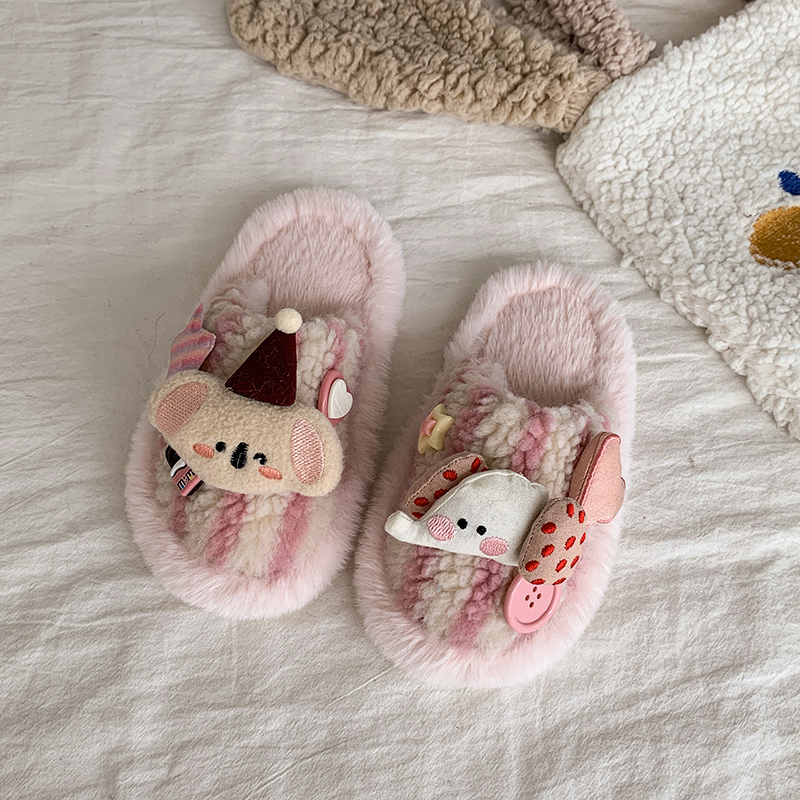 Girls' Cute Shirley Rose Plush Cotton Slippers 2025 Winter New Soft-Soled Warm Furry Shoes Home Closed-Toe Slippers